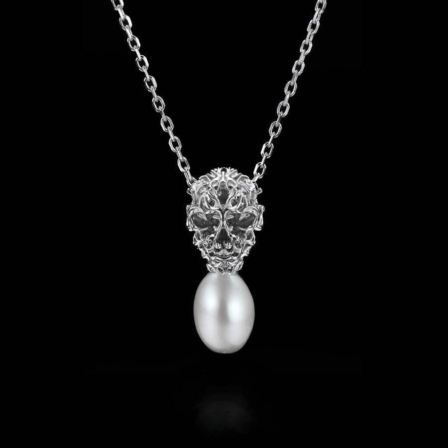 Skull & Pearl Pendant Necklace · 18K White Gold Vermeil