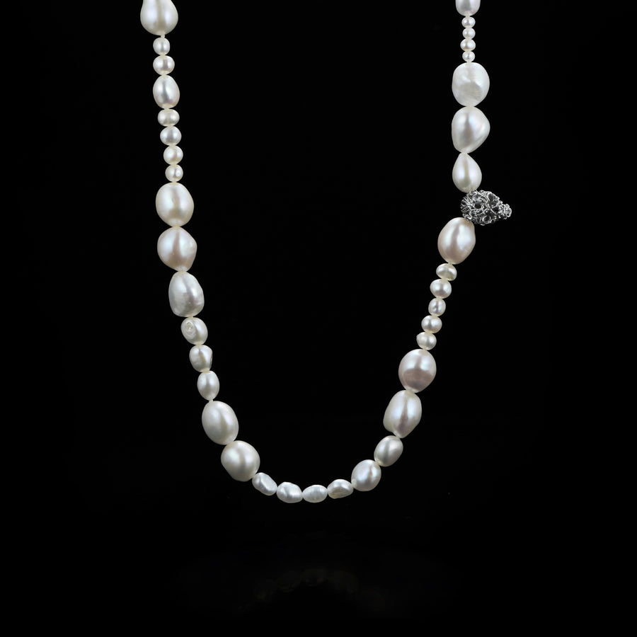 Skull & Pearl Strand Necklace · 18K White Gold Vermeil