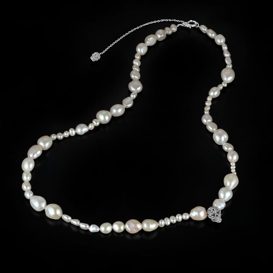 Skull & Pearl Strand Necklace · 18K White Gold Vermeil