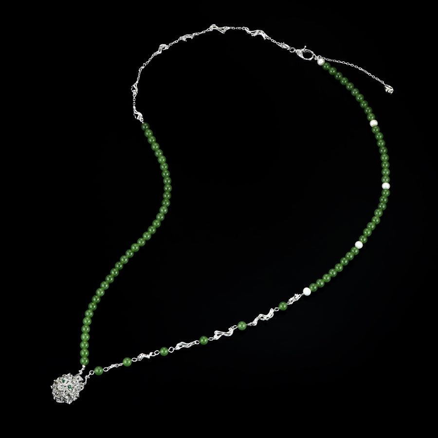 Tiger Head & Green Jasper Bead Necklace · 18K White Gold Vermeil