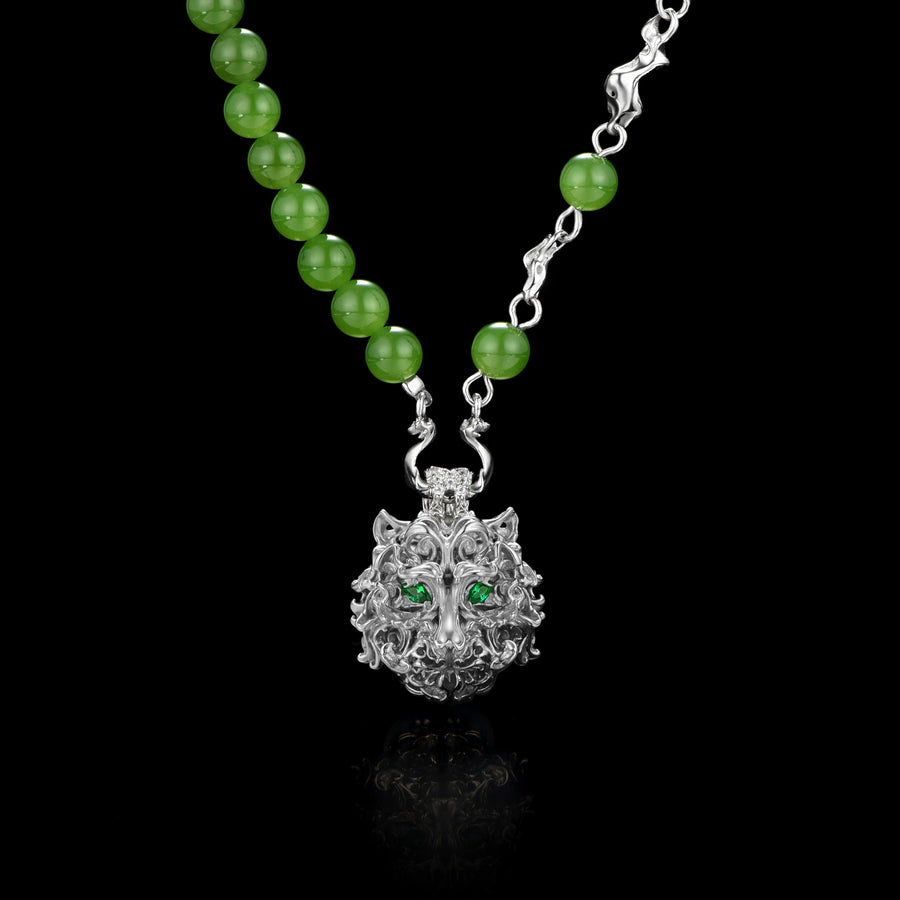 Tiger Head & Green Jasper Bead Necklace · 18K White Gold Vermeil